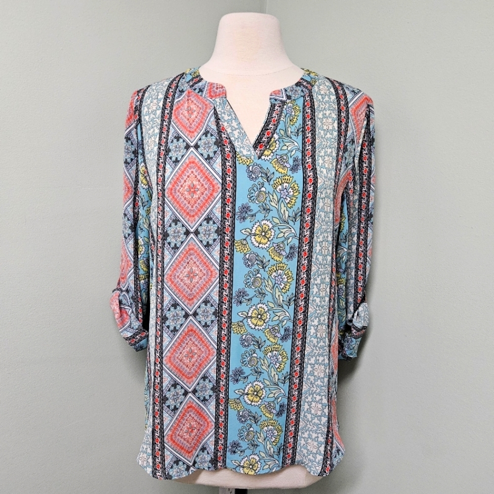Sami & Jo Blouse Top Multicolored Floral 3/4 Sleeve V-Neck Size Medium